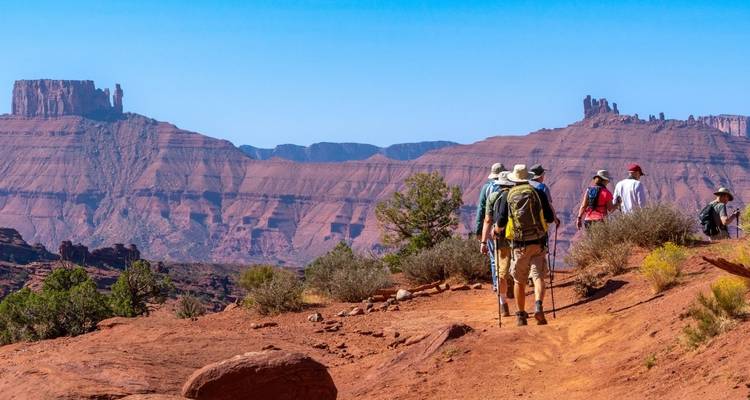 Hikers exploring a vast desert landscape with striking mesas.