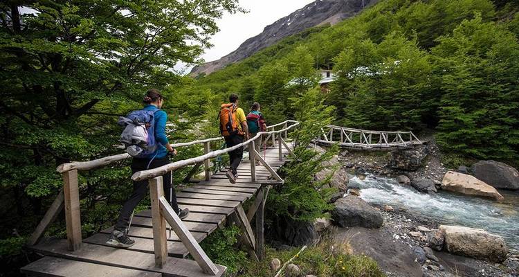 Backpackers steken een rustieke houten brug over een bruisende beek over, omgeven door dicht groen bos.