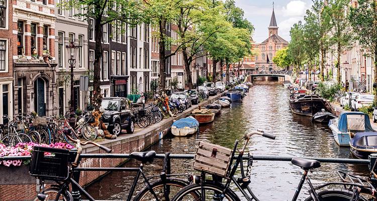 Vue classique d'un canal d'Amsterdam avec des vélos sur un pont et des maisons bordées d'arbres menant à un clocher d'église.