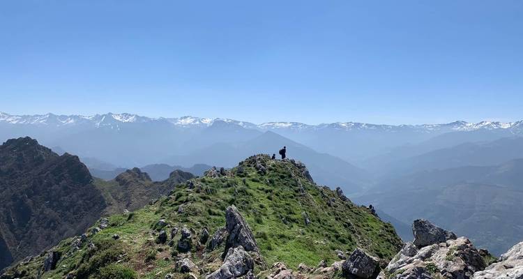 Personne debout sur un sommet de montagne herbeux avec des vues panoramiques.