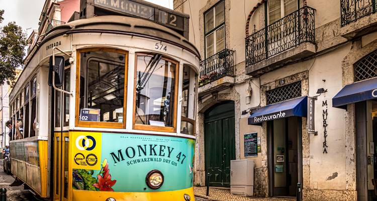 Historic tram on a street in Lisbon