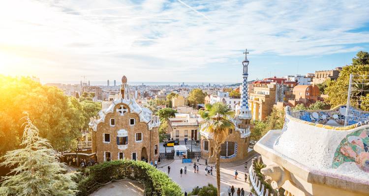 Park Guell with view of Barcelona skyline