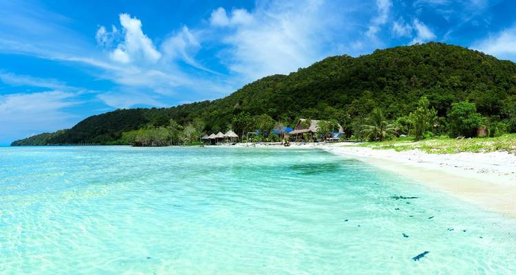 Unberührter Strand mit türkisfarbenem Wasser und üppig grünen Bergen.