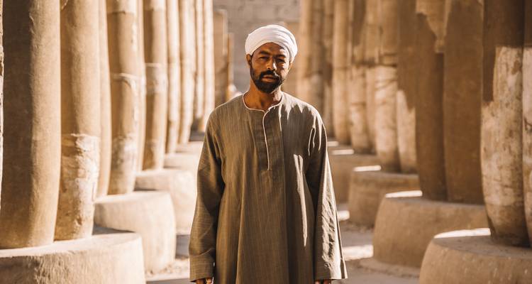 Mann in traditioneller Kleidung geht durch antike Säulen