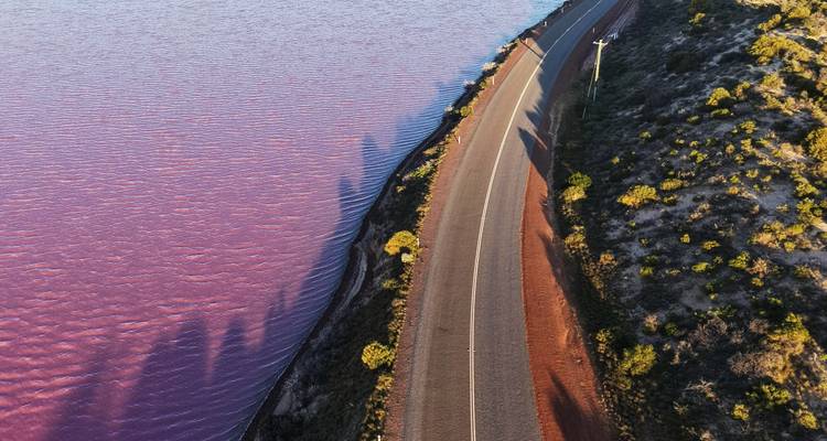 Route sinueuse épousant le bord d'un magnifique lac de sel rose vif photographié d'en haut au crépuscule.