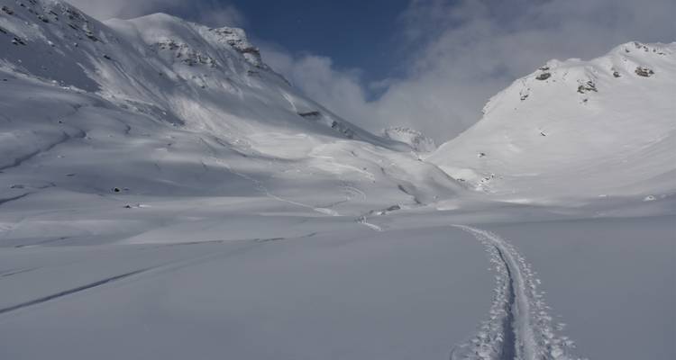 Breites verschneites Alpental mit Skispuren, die in ferne, wolkenverhüllte Gipfel führen.