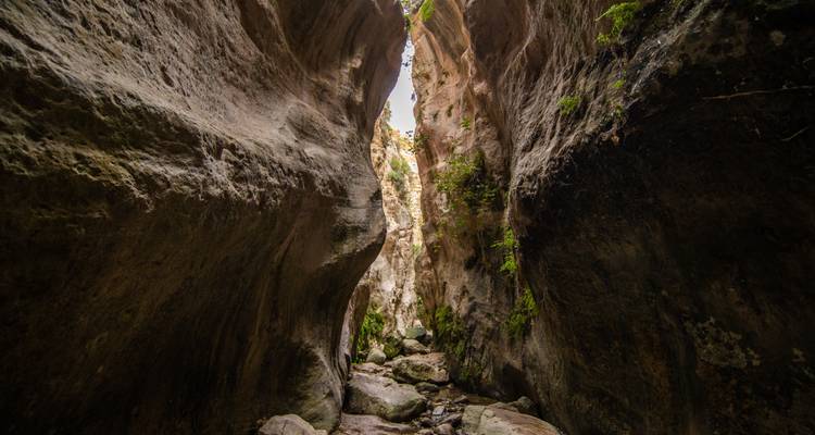 Narrow gorge with high rock walls and a small stream.
