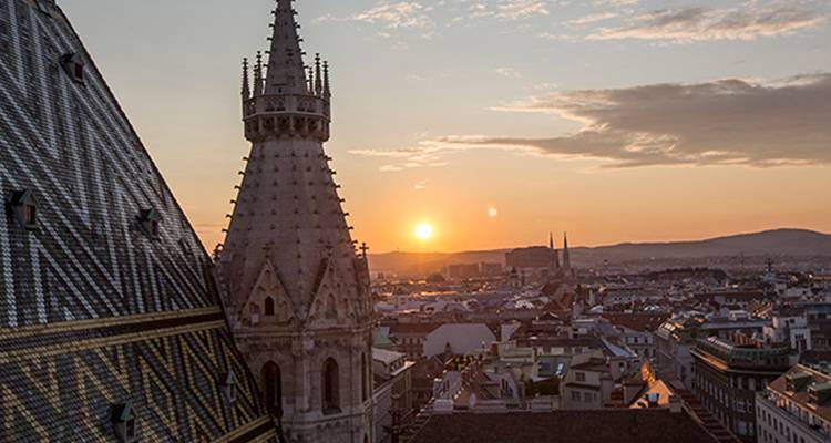 Puesta de sol detrás del techo con patrón y la aguja de la Catedral de San Esteban en Viena.