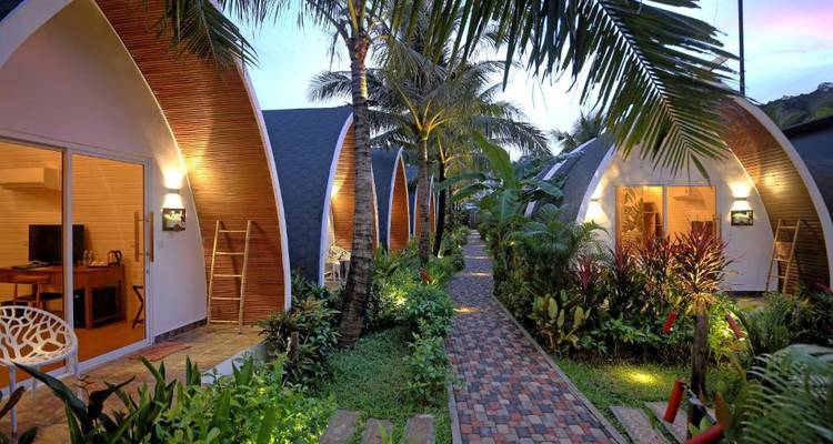 Row of bungalow-style cottages surrounded by tropical plants at dusk.