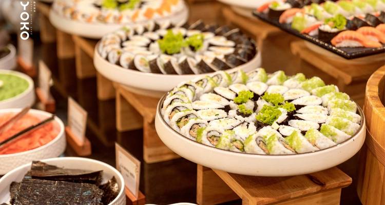Display of sushi and other Japanese dishes.
