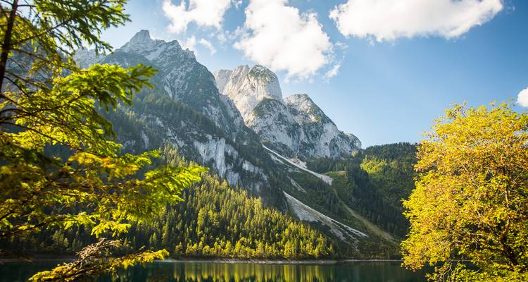 Majestic mountains with forests reflected in the lake on a bright day.