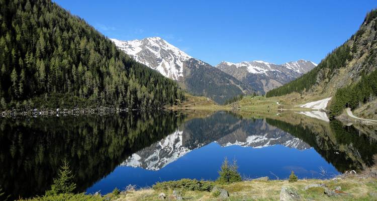Pristine mountain lake surrounded by forest and peaks.