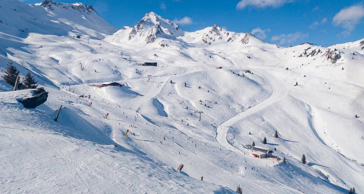 Montagnes enneigées avec pistes de ski.