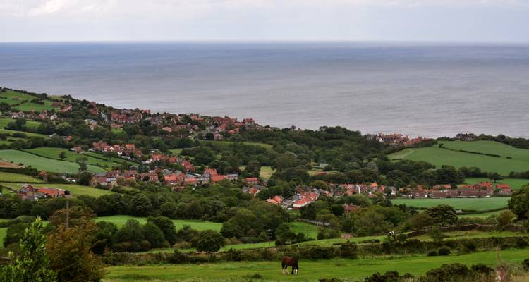 Un village entouré de verdure vu depuis le sommet d'une colline.