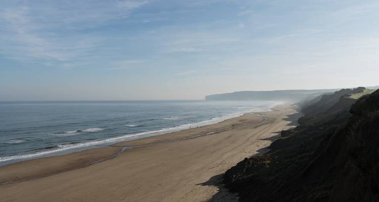 Vaste plage de sable avec des falaises au loin.