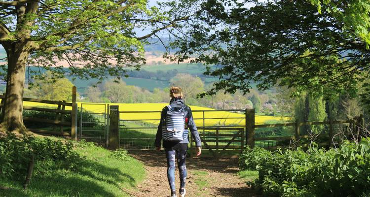 A person walking on a rural path with a view of fields and trees.