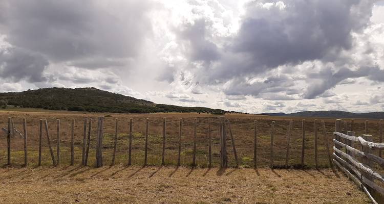 Clôture le long d'un champ vide sous un ciel nuageux.