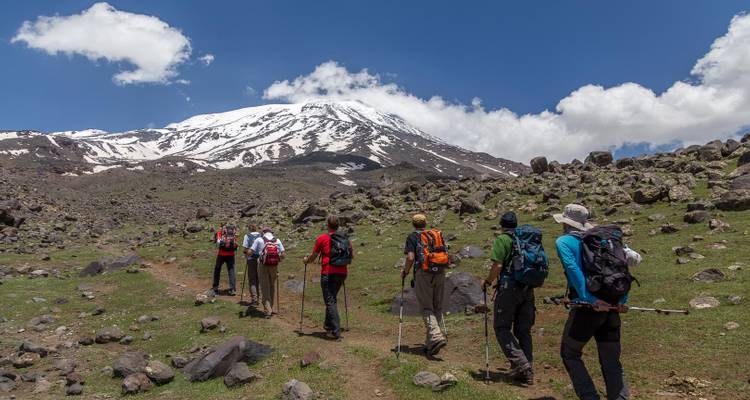 Group of hikers walking towards a snow-capped mountain.