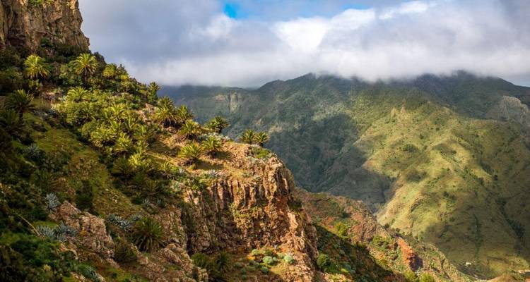 Collines luxuriantes avec falaises rocheuses et végétation.