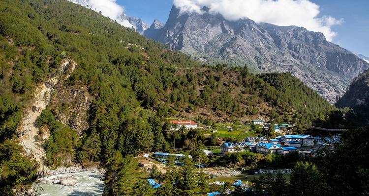 Vista panorámica de un pueblo con pinos y montañas.