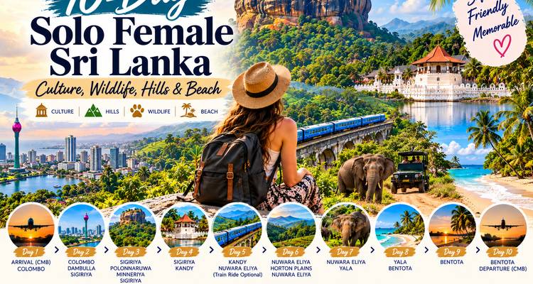 Bright promotional graphic for a Sri Lanka solo female tour featuring collage images, icons and large text.