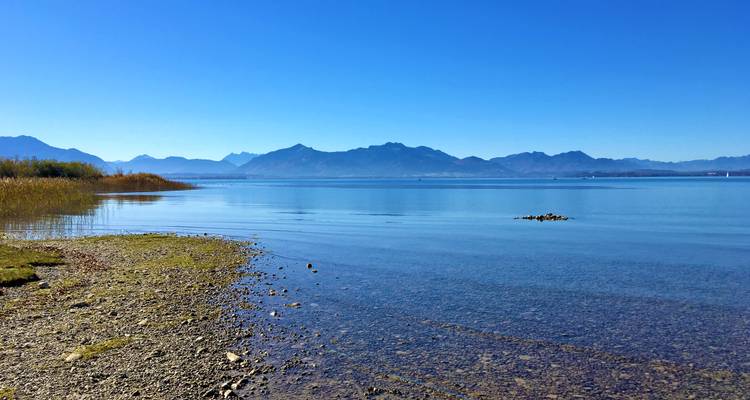 Rivage de galets d'un lac calme avec une chaîne de montagnes lointaine et un ciel bleu clair.