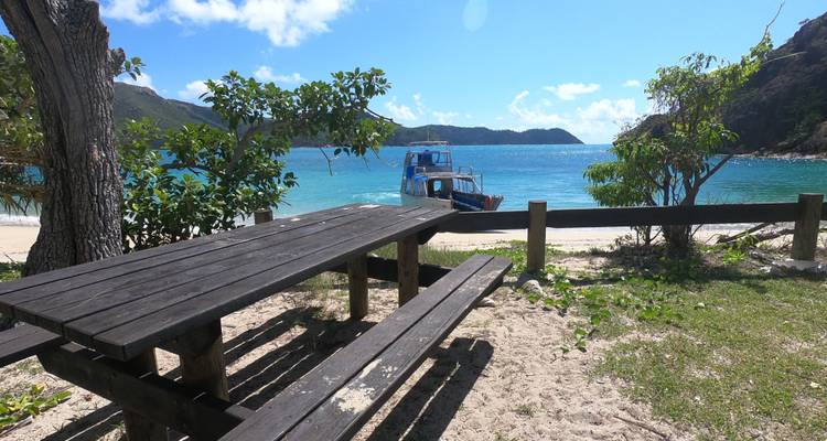 Beach picnic table with a boat on the water nearby.
