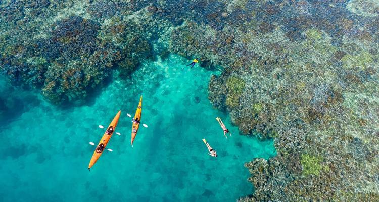 Kayakers and snorkelers enjoying clear blue waters.