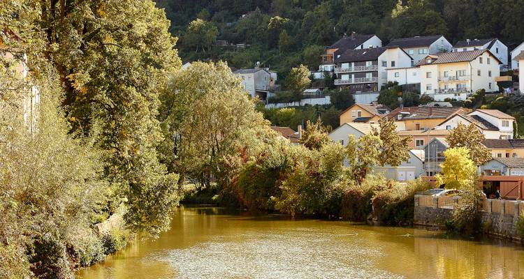 Pequeño río europeo bordeado por árboles frondosos con casas en las laderas arriba.