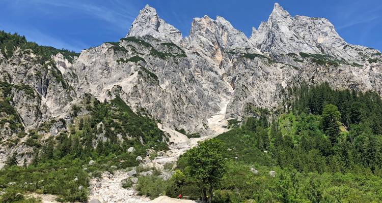 Dramatic jagged alpine peaks rising above green forest and a rocky scree under a clear blue sky.