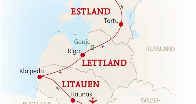 Karte mit Routen durch Estland, Lettland und Litauen.