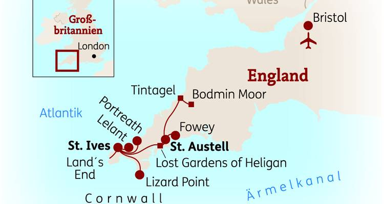 Simplified map illustrating a travel route through Cornwall and south-west England with highlighted towns and coastal stops.