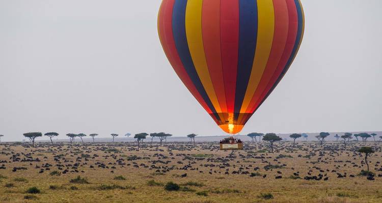Bunter Heißluftballon über der Savanne im Maasai Mara Nationalreservat.