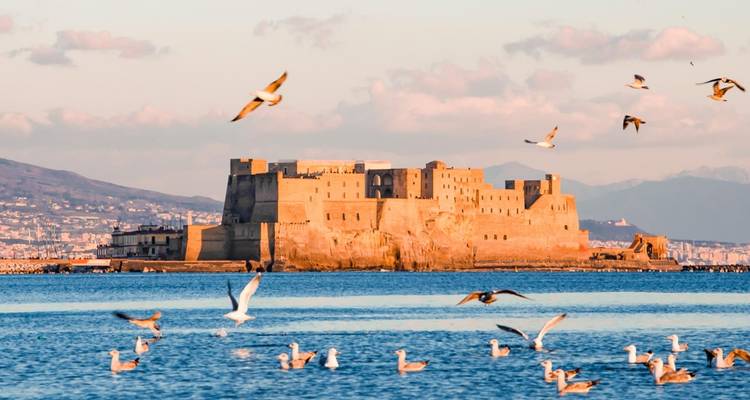A seascape with Castel dell'Ovo in Naples, Italy, surrounded by flying seagulls during sunset.