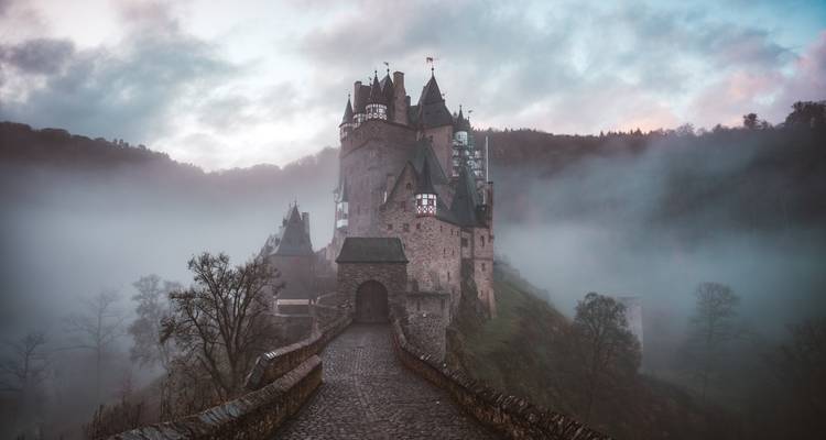 Château majestueux enveloppé de brume.