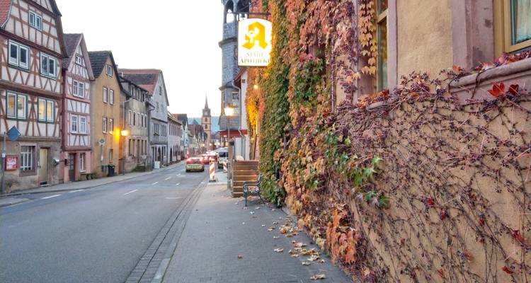 Ruhige Straße gesäumt von Fachwerkhäusern und efeubedeckten Mauern in der Dämmerung.