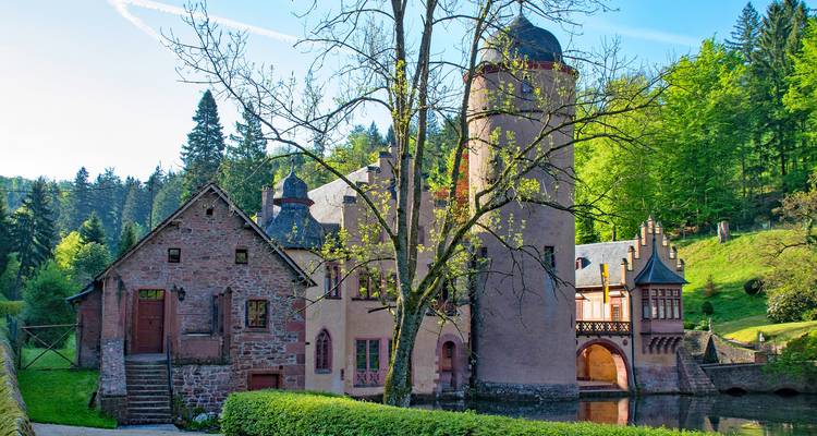 Fairy-tale waterside castle surrounded by lush spring forest and reflected in the moat.