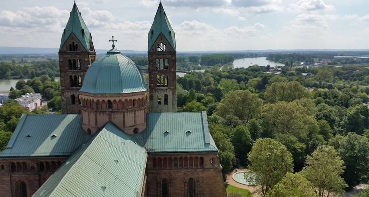 Luchtfoto van een grote kathedraal met rivier en bomen.