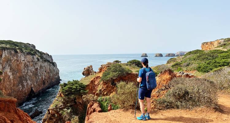 Wanderer steht auf ockerfarbener Klippe und blickt auf zerklüftete Küstenlinie und Inseln unter diesigem Himmel