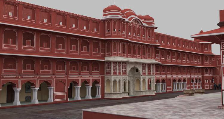 Außenansicht einer roten Festung mit mehreren Torbögen.