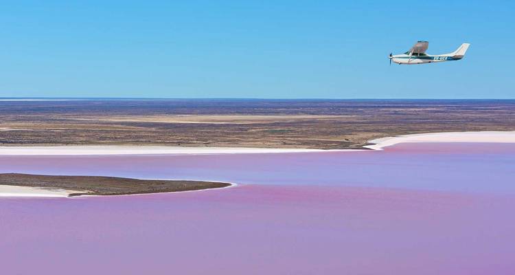 Aerial view of a pink lake with an airplane above.