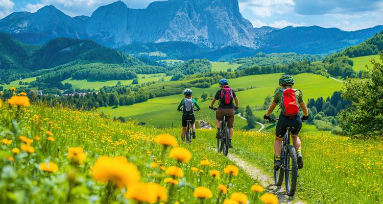 Group of cyclists on a trail through a vibrant flower field with mountains in the background.