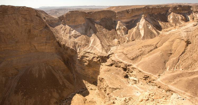 Sweeping view of rugged desert cliffs and winding trails in the Negev.