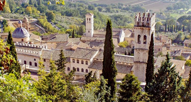 Vue panoramique d'Assise avec des bâtiments historiques et une végétation luxuriante.