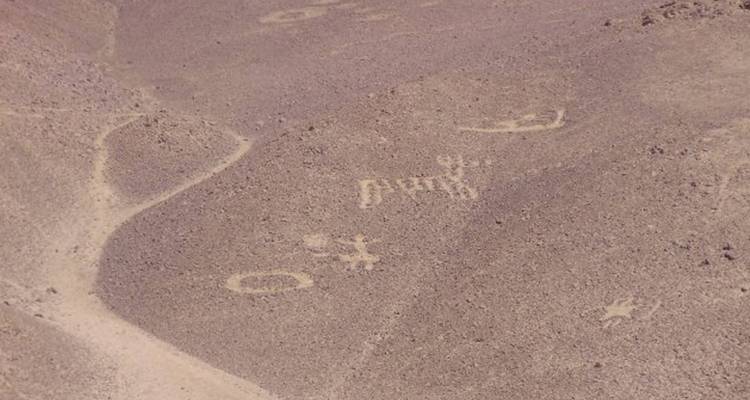 Petroglifos del desierto grabados en una superficie árida vistos desde la distancia.