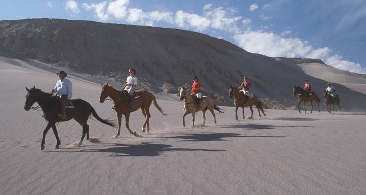 Grupo de personas montando caballos a través de un paisaje desértico arenoso.