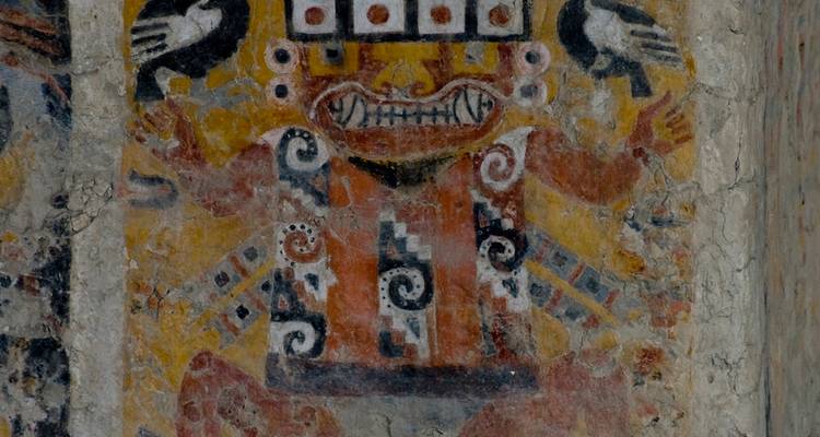 Colorful ancient wall painting depicting a mythical creature