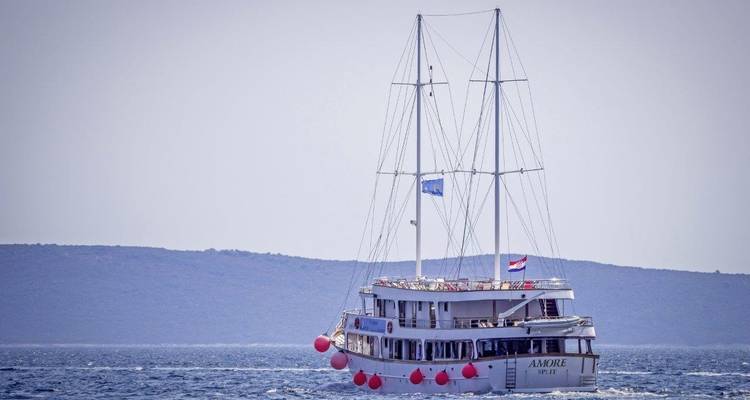 Bateau naviguant sur une mer calme avec des collines au loin.