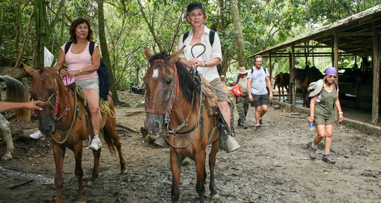 Toeristen die paardrijden in een tropisch bos.