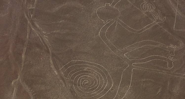 Vista aérea de las Líneas de Nazca que muestra una figura humanoide.